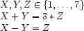 \begin{array}{l}
X, Y, Z \in \{1,\ldots,7\} \\
X + Y = 3*Z \\
X - Y = Z 
\end{array}