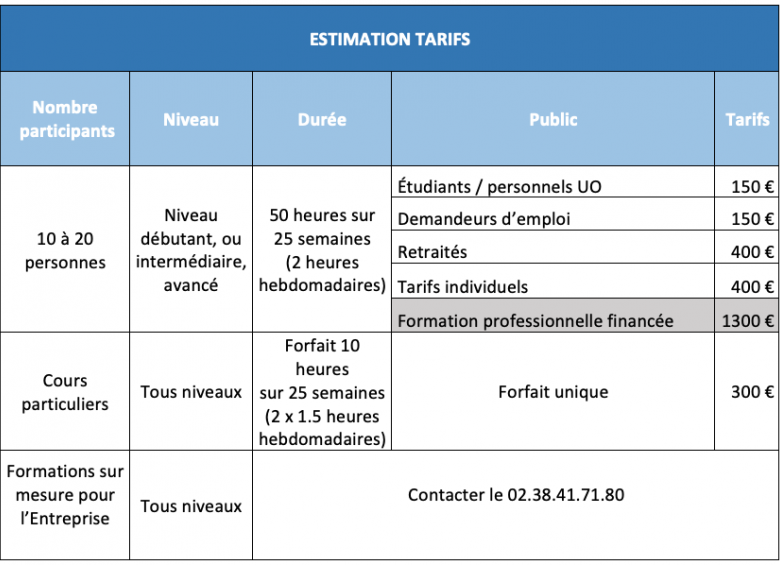 Tarifs Institut Confucius 2019-2020 Tarifs Institut Confucius 2019-2020