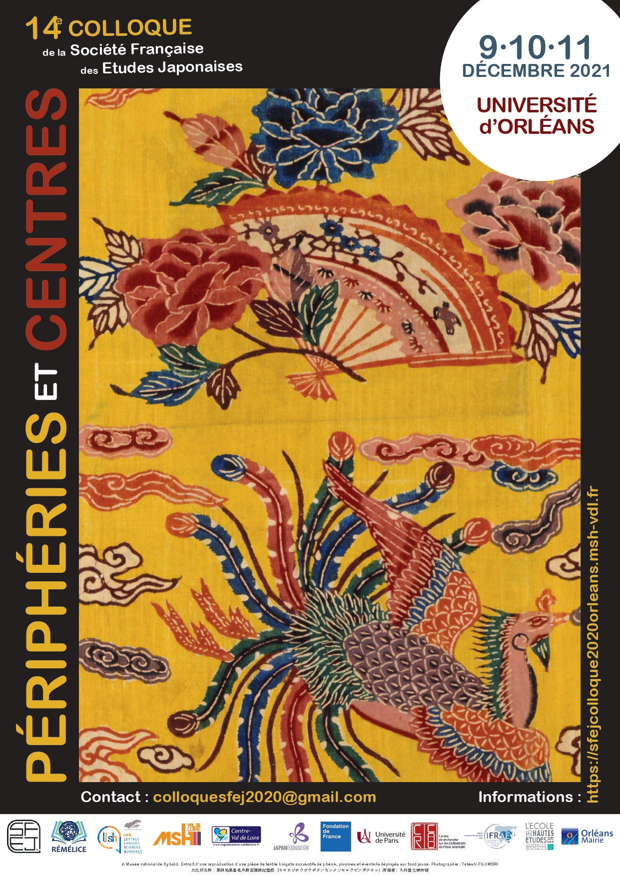 Affiche du colloque de la Société française des études japonaise du 9 au 11 décembre 2021 à l'université d'Orléans, illustré par un fragment d'étoffe de soie à fond jaune et motifs de phénix, nuages, éventail, fleurs;