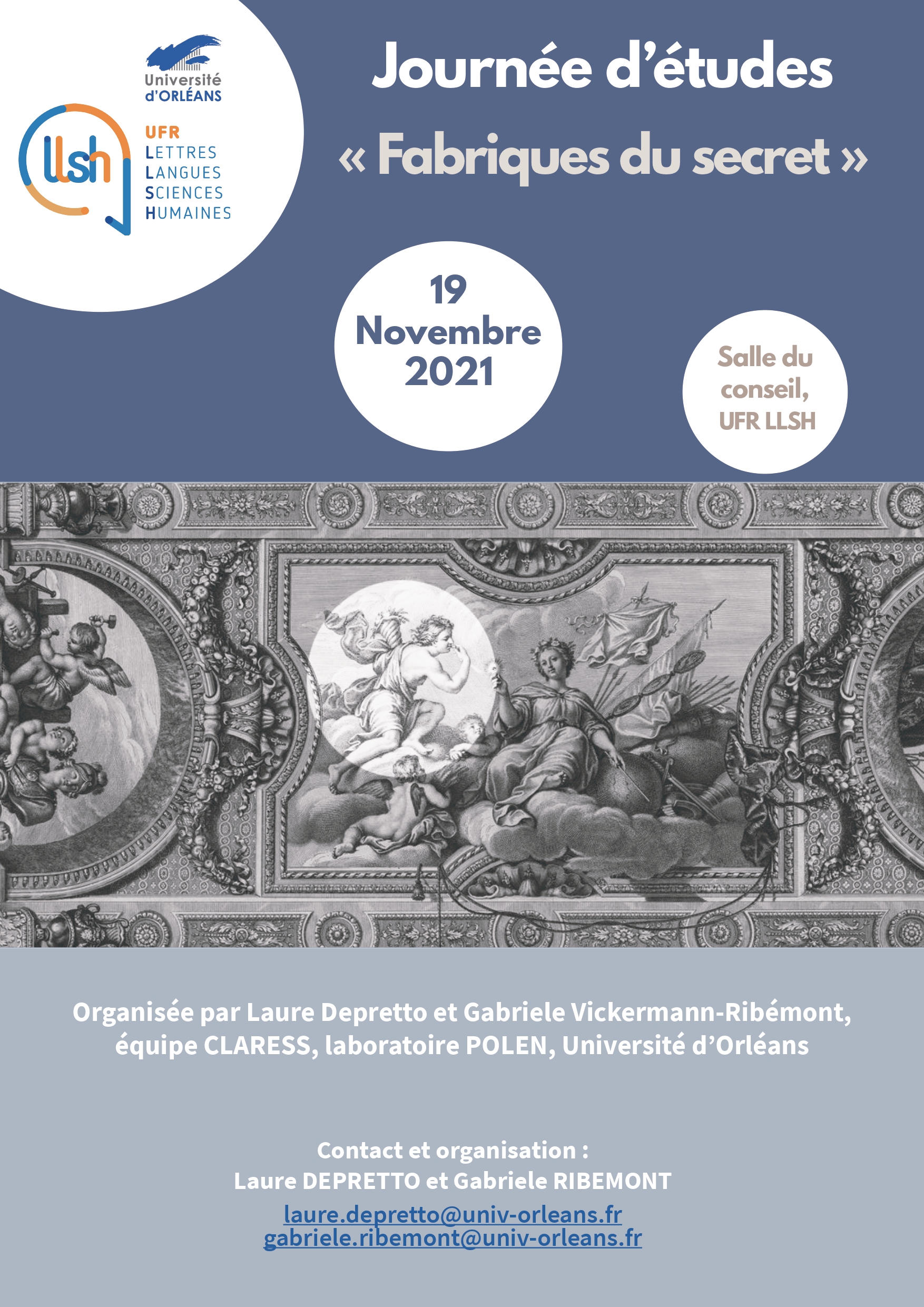 Affiche de la journée d'études "Fabriques du secret", le 19 novembre 2021 en salle du conseil, UFR LLSH, université d'Orléans, à partir de 9h30i.