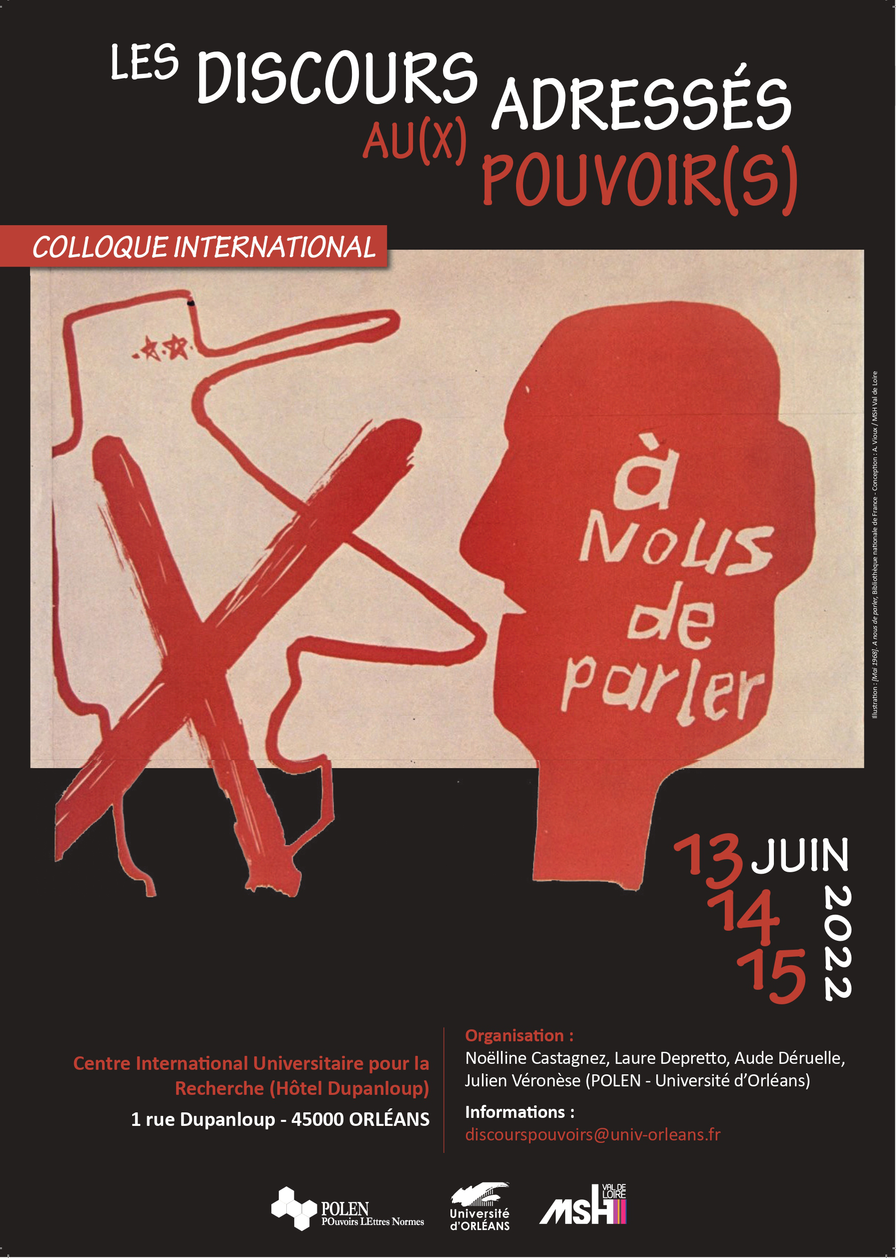 affiche du colloque international " Les discours adressés au(x) pouvoir(s) du 13 au 15 juin 2022 à Orléans