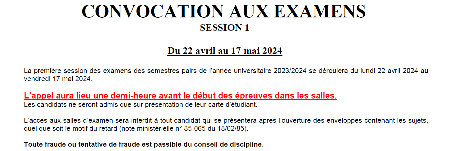 Convocation aux examens Avril - Mai Session 1 | Université d'Orléans