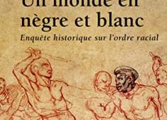 Couverture de l'ouvrage d'Aurélia Michel, Un monde en nègre et blanc, illustrée par un fusain montrant un homme blanc s'apprêtant à frapper un homme noir