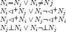 \begin{array}{l}
 N_i\gleich N_j  \vee  N_i{\not=} Nj  \\
 N_i\domplus N_j \vee  N_i\neg\domplus N_j \\
 N_j \domplus N_i \vee  N_j\neg\domplus N_i \\ 
 N_j \disj N_i \vee N_i\neg\disj N_j
\end{array}