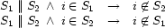 \begin{array}{r@{\quad\rightarrow\quad}l}
S_1\PAR S_2\ \wedge\ i\in S_1& i\not\in S_2\\
S_1\PAR S_2\ \wedge\ i\in S_2& i\not\in S_1
\end{array}