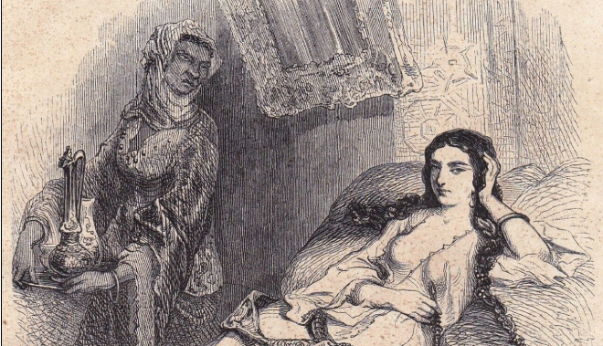 vielle illustration représentant une femme assise avec sa servante