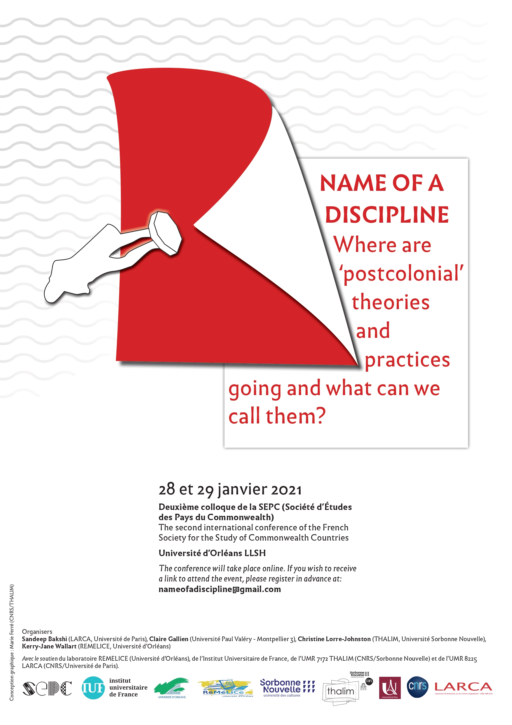 Affiche du colloque "name of a Discipline", texte informatif et illustration d'une statue déboulonnée