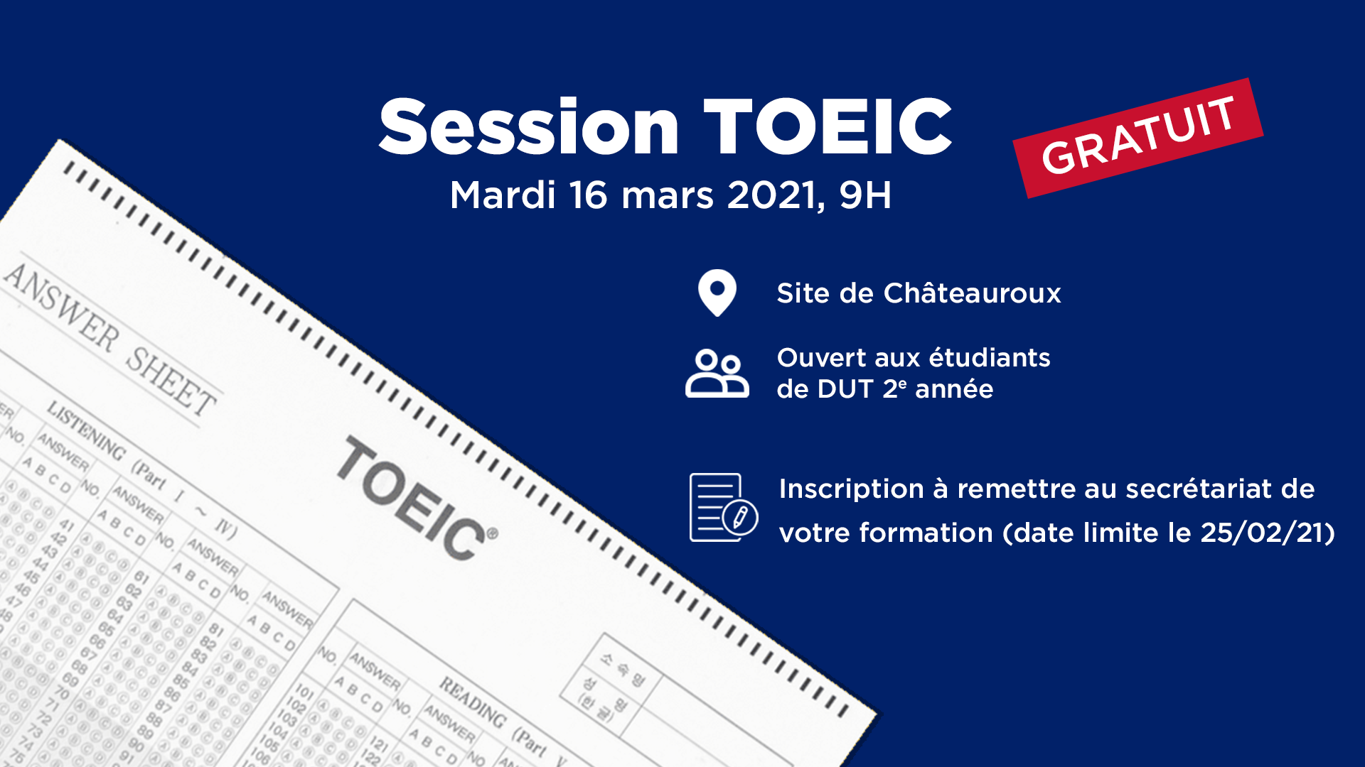 Session TOEIC 16 mars 2021 Session TOEIC 16 mars 2021