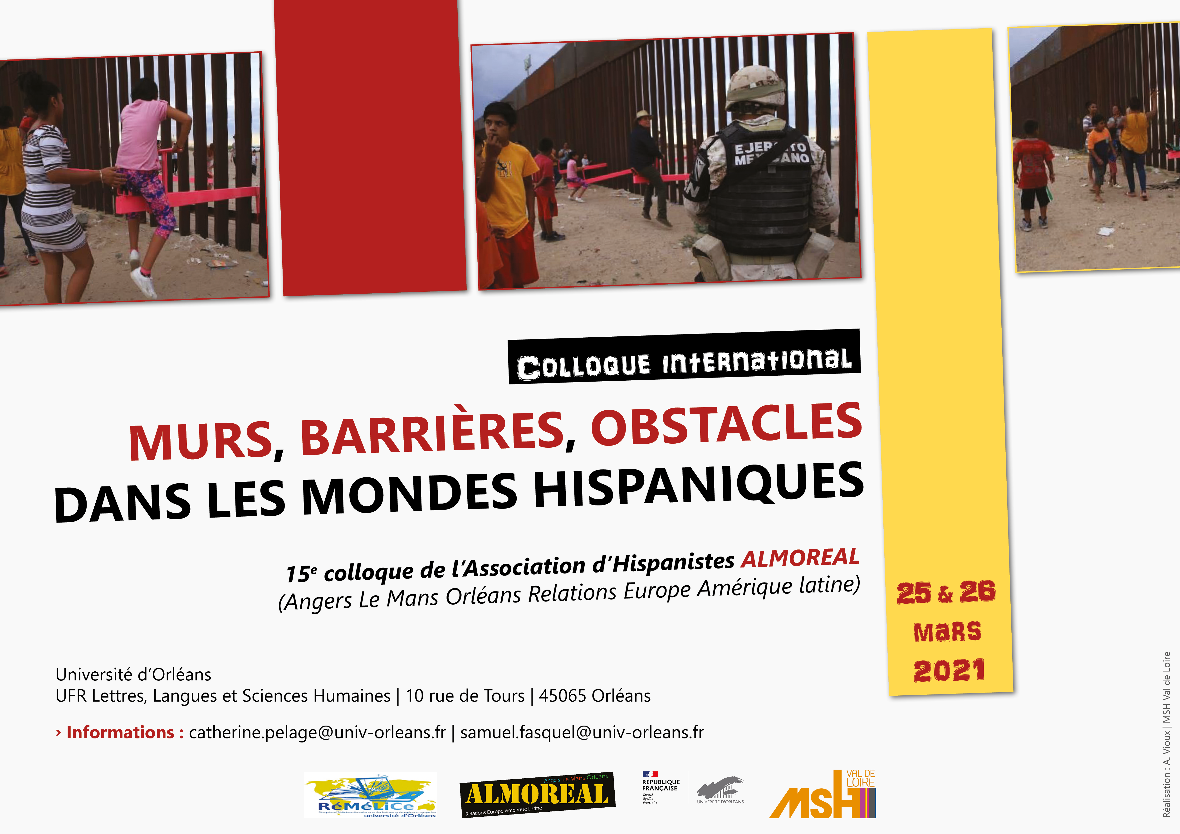 Poster du 15e colloque de l'association Almoreal dont le sujet est "Murs, barrières, obstacles dans les mondes hispaniques", les 25 et 26 mars 2021