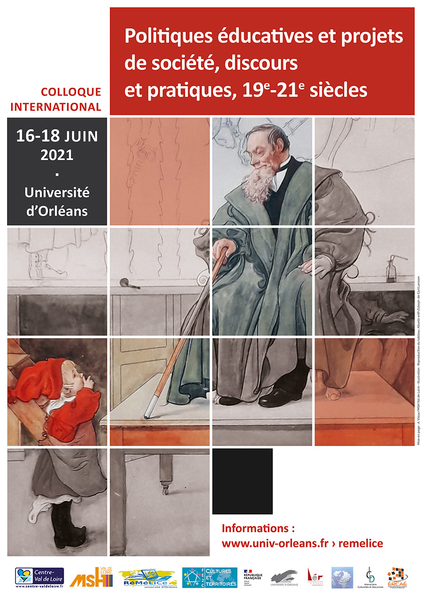Poster du colloque "POlitiques éducatives et projets de société, discours et pratiques, 19e-21e siècles, du 16 au 18 juin 2021 à l'université d'orléans. 