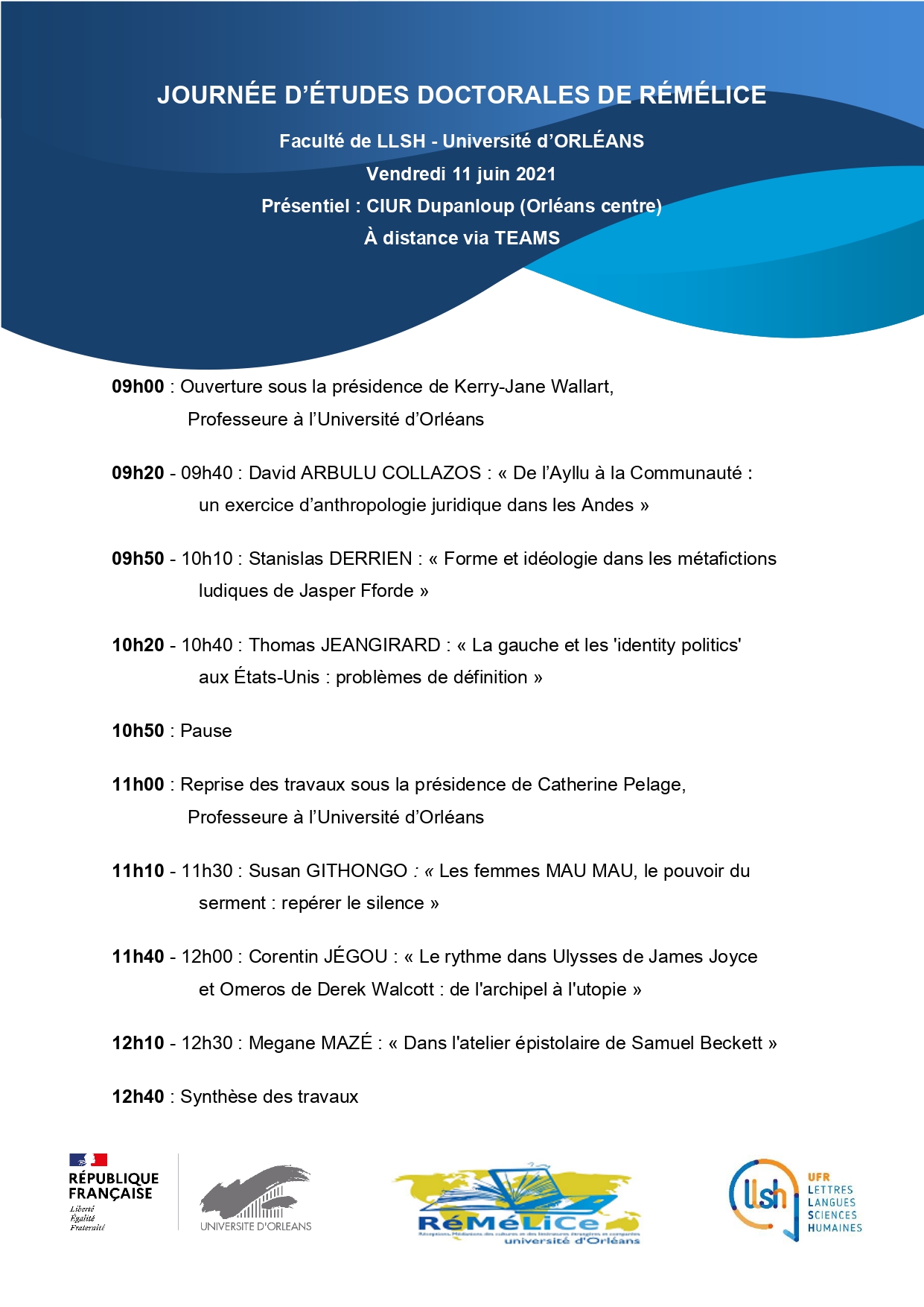 Programme de la journée d'études doctorales du labo Rémélice le 11 juin 2021, à la fois en présentiel (Dupanloup) et en distanciel (Teams)