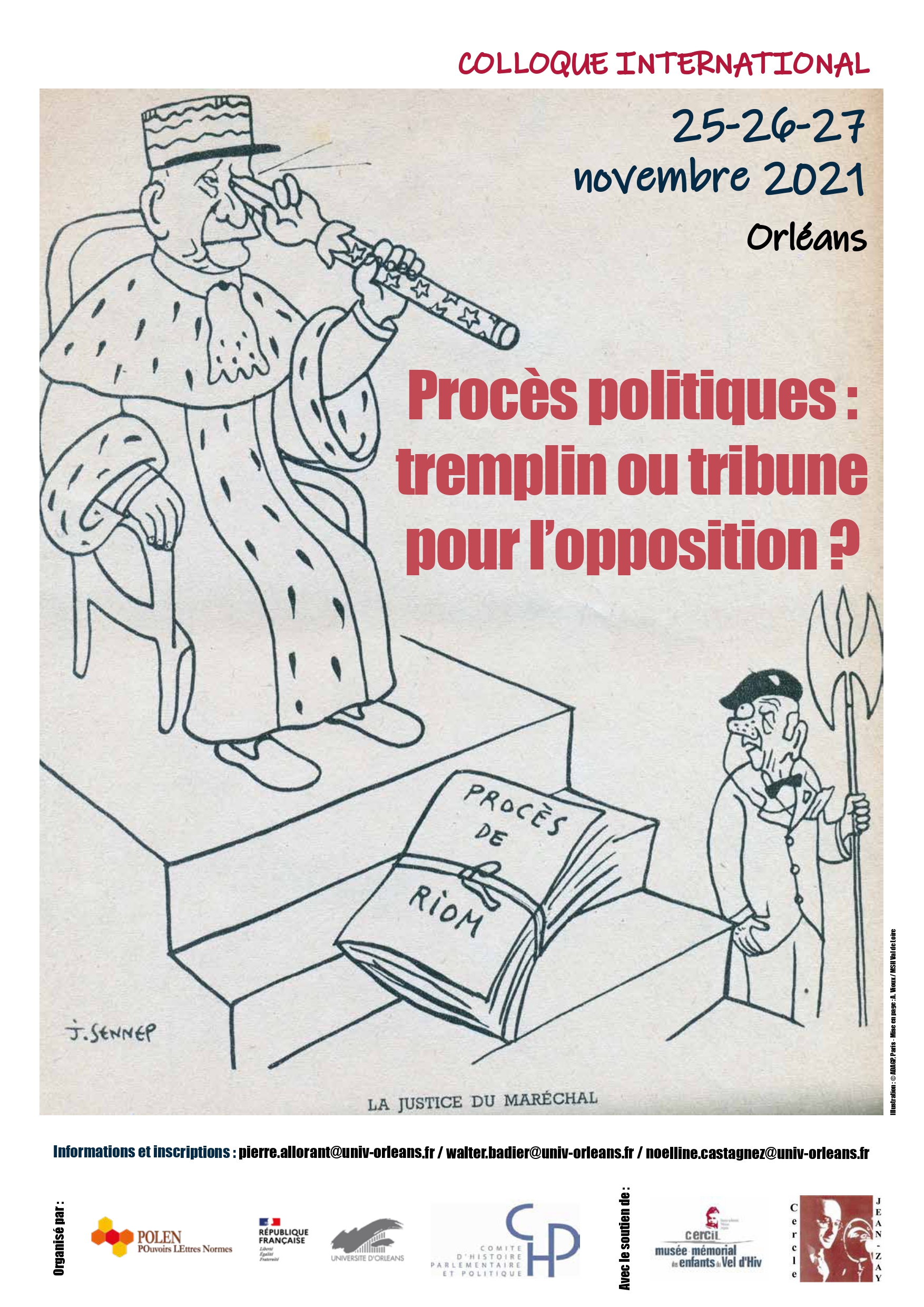 Affiche du colloque "Procès politiques: tremplin ou tribune pour l'opposition", du 25 au 27 novembre 2021 à Orléans