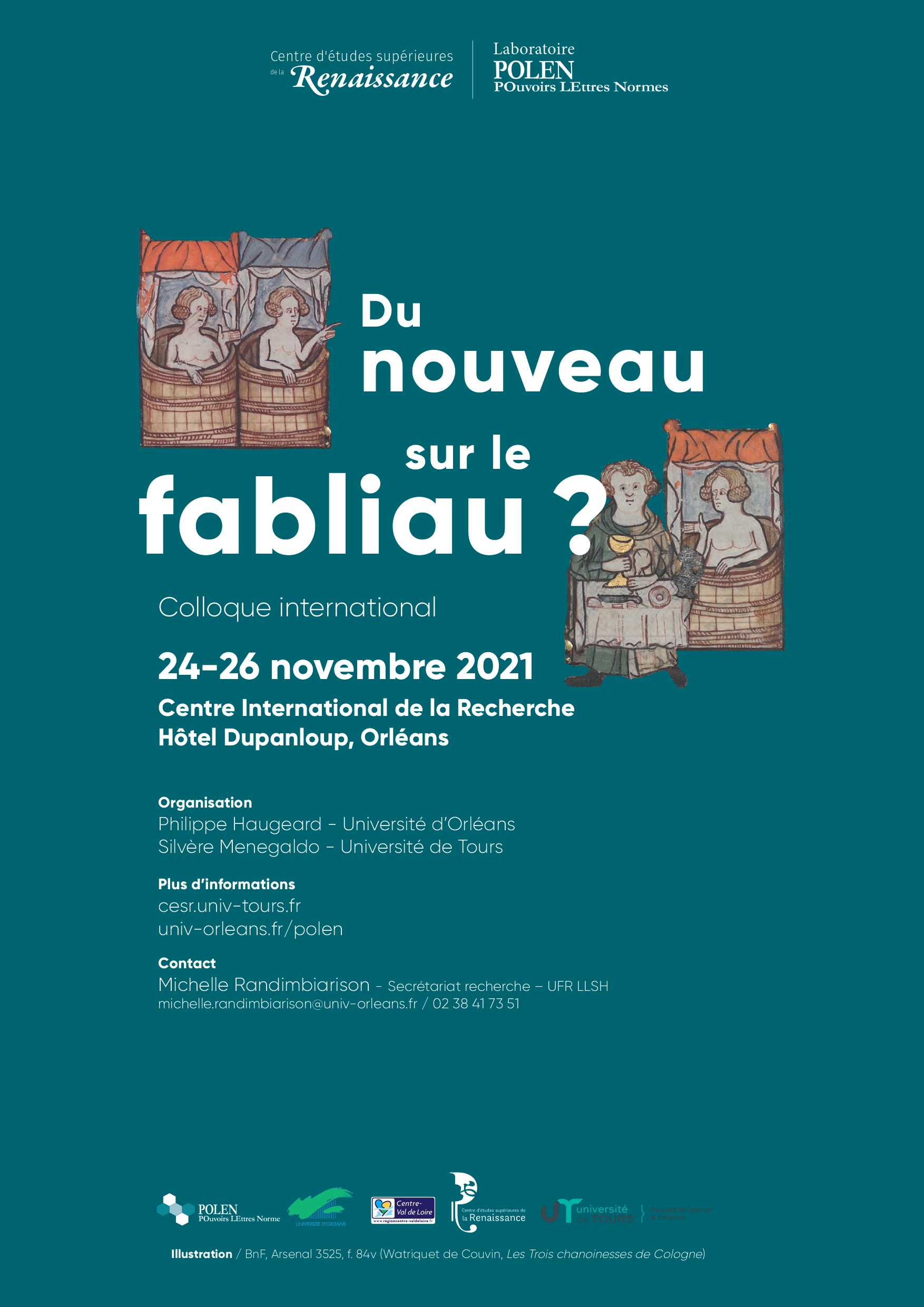 Affiche du colloque "Du nouveau sur le fabliau" qui se tiendra du 24 au 26 novembre 2021 à l'hôtel Dupanloup à Orléans.