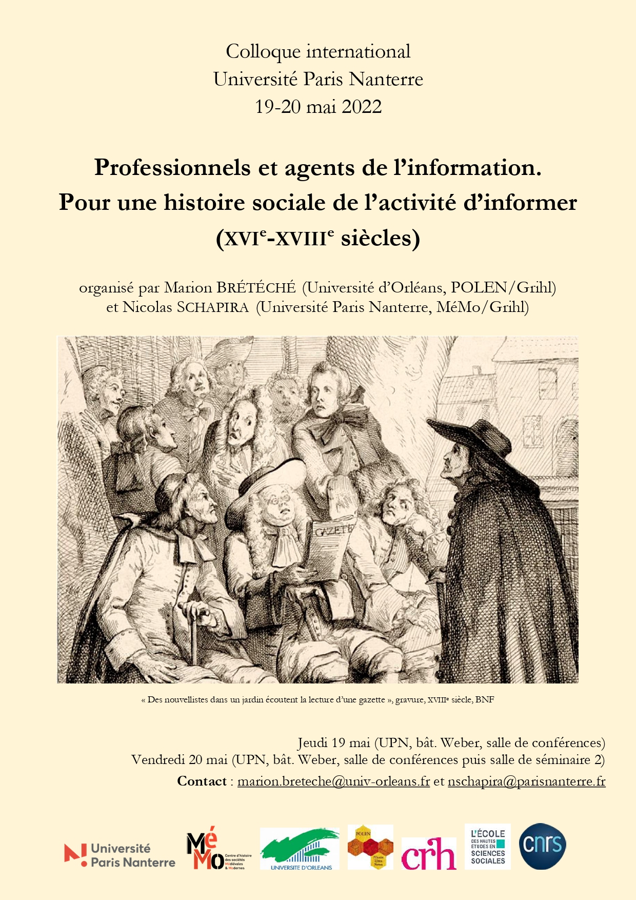 Affiche du colloque "Porfessionnels et agents de l'information. Pour une histoire sociale de l'activité d'informer (16e-18e siècles)", les 19 et 20 mai 2022 à l'université Paris-Nanterre