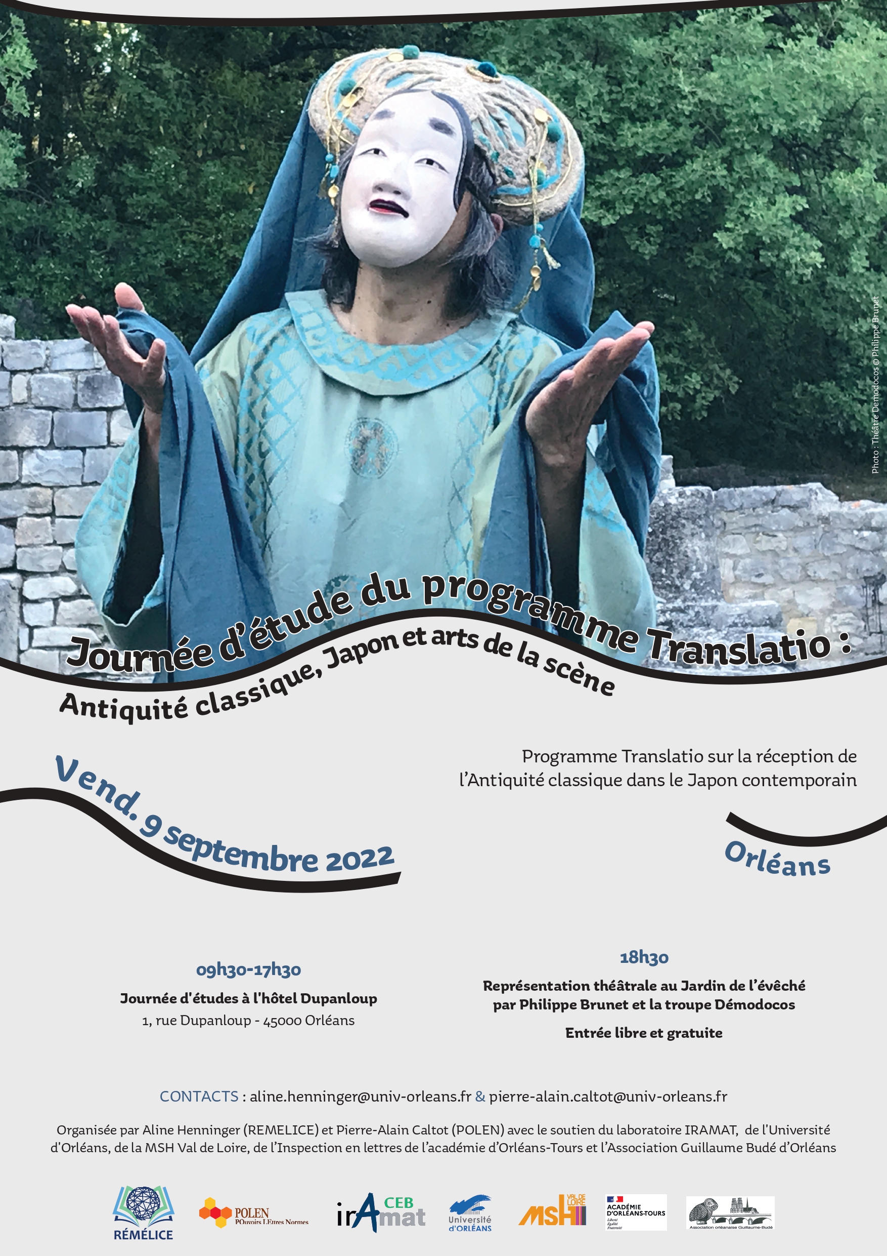 Affiche de la journée d'étude du programme Translatio le 9 septembre 2022 à Orléans, hôtel Dupanloup, avec représentation de la troupe Demodocos