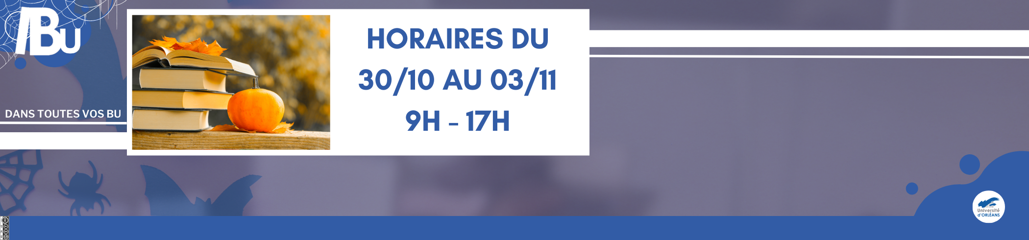 Images de livres et de citrouilles avec le texte 9h-17h