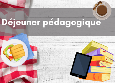 illustration pour les dej pédagogiques, nappe à carreaux, une tablette et des livres