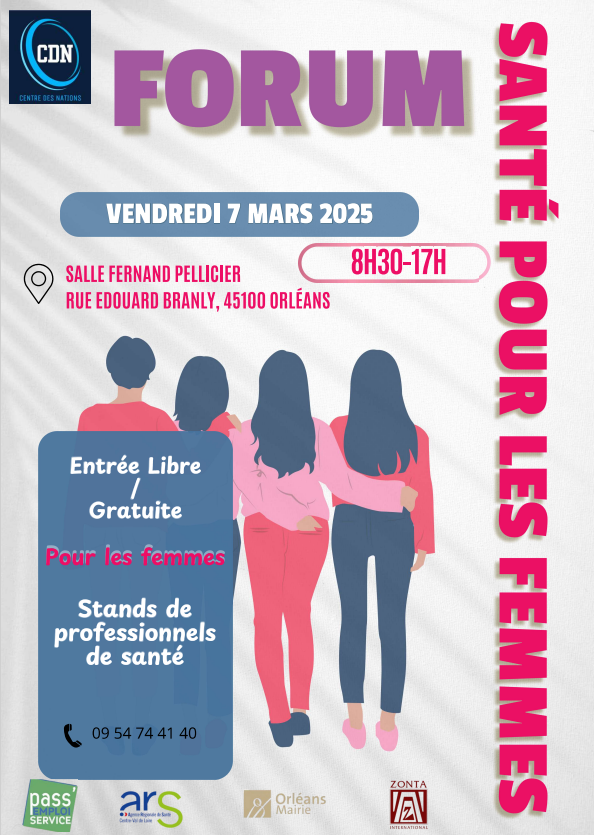 Affiche du Forum de la Santé pour les Femmes le vendredi 7 mars 2025 de 8h30 à 17h00 à la salle Pellicier rue Edouard Branly 45100 orléans