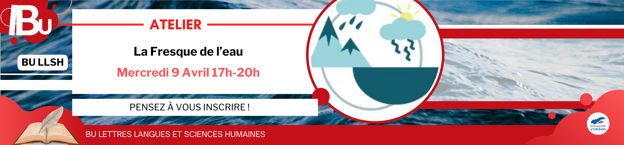 Affiche de l'exposition Reprise du texte de l'actu, photo de vagues en fond