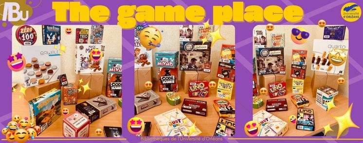 Texte The Game Place avec 3 photos des jeux sur la table de la BU