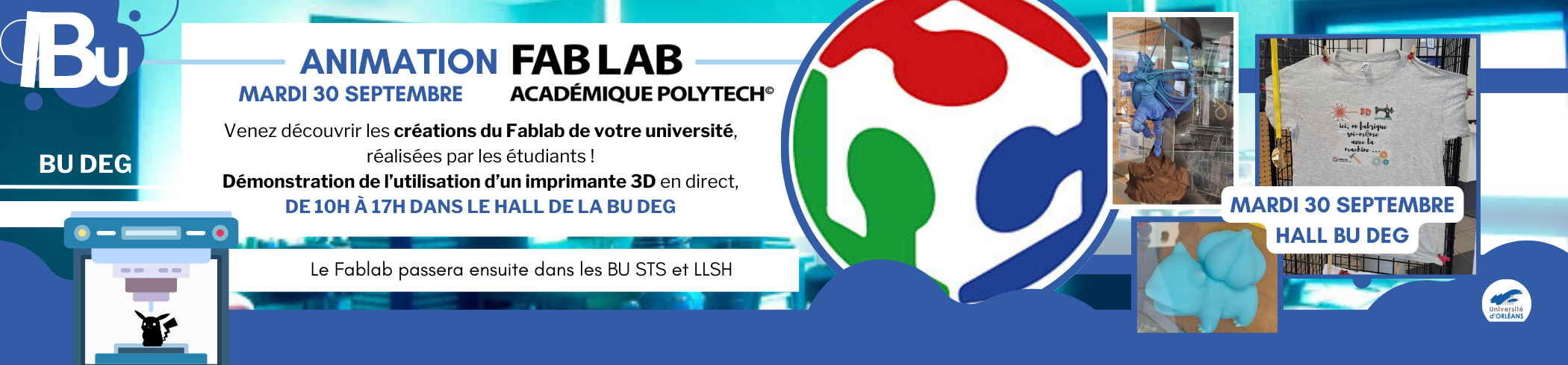 Reprise du texte de l'actu, photo de créations et logo du FabLab