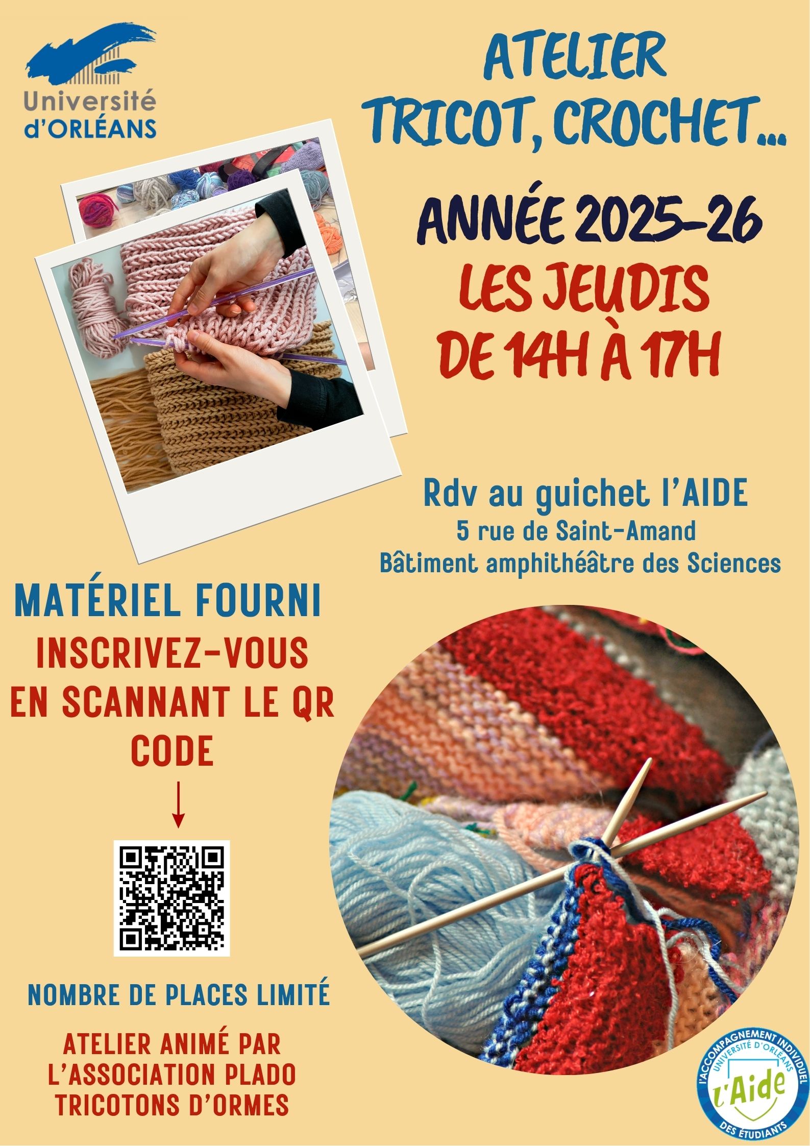 Découvrez le tricot avec les ateliers du Guichet de l'AIDE