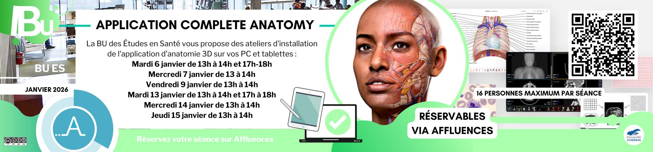 Reprise du texte de l'actu, logo de la base et QR code pour Affluences