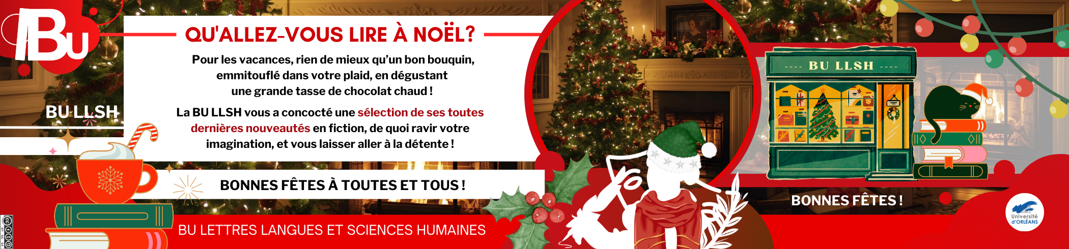 Reprise du texte de l'actu, photo d'un sapin, icon d'une devanture de la BU LLSH avec des cadeaux et des sapins