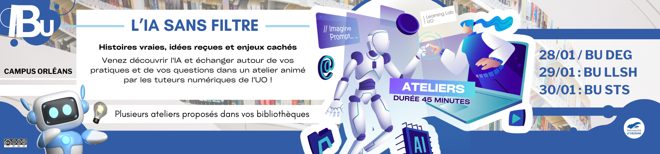 Reprise du texte de l'actu, icone d'un robot et d'une personne sortant de l'écran d'un ordinateur qui se touchent de la pointe du doigt