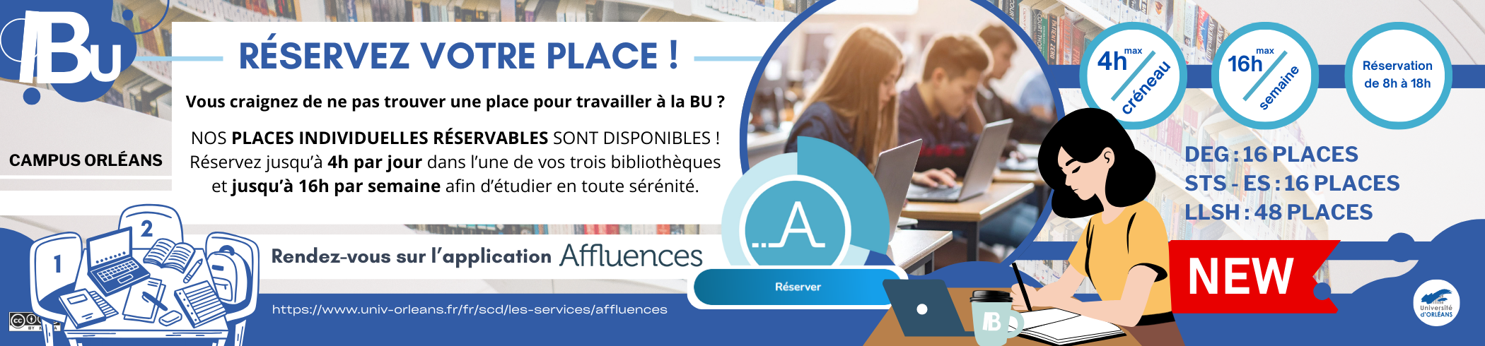 Reprise du texte de l'actu, logo Affluences, photo d'étudiants devant des PC