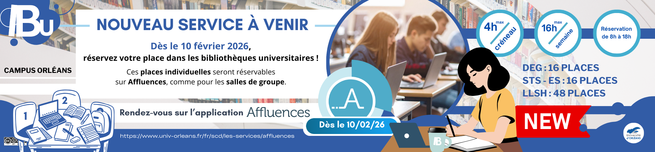 Reprise du texte de l'actu, logo Affluences, photo d'étudiants devant des PC