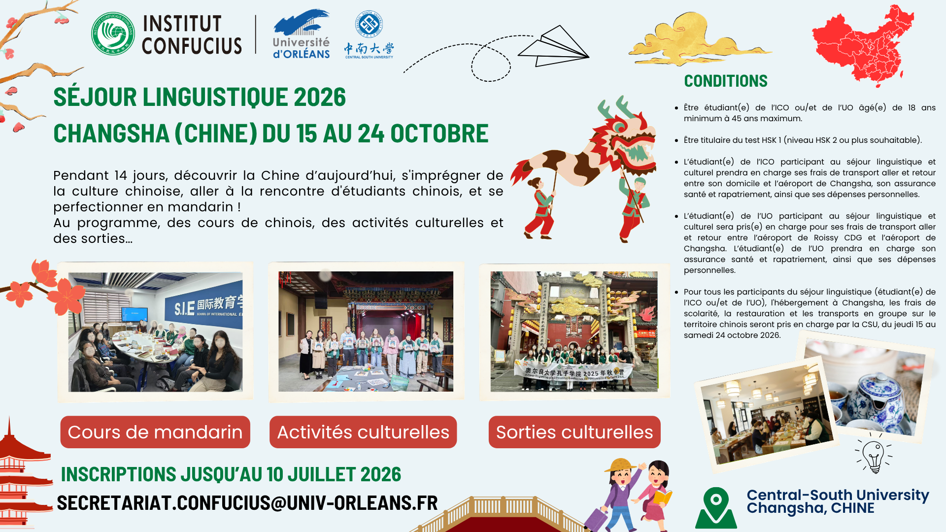 Séjour linguistique 2026  Changsha (Chine)  du jeudi 15 octobre au samedi 24 octobre.