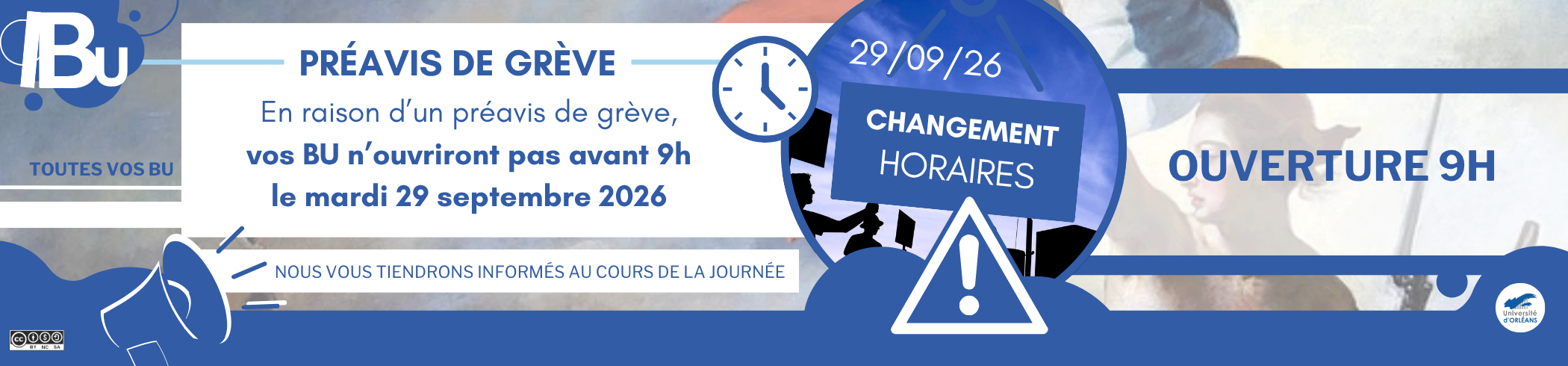 En raison d'un préavis de grève vos BU n'ouvriront pas avant 9h le mardi 29 septembre 2026