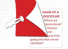 Affiche du colloque "name of a Discipline", texte informatif et illustration d'une statue déboulonnée