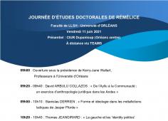 Programme de la journée d'études doctorales du labo Rémélice le 11 juin 2021, à la fois en présentiel (Dupanloup) et en distanciel (Teams)