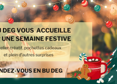 Semaine festive DEG Reprise du texte sur un fond avec des sapins