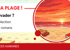 Affiche de l'exposition, photo d'une plage avec le soleil couchant sur la mer