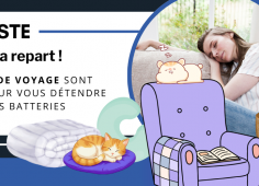 Reprise du texte de l'actu, photo d'une personne endormie sur un canapé, icones de fauteuil et d'un chat