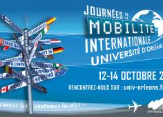 Affiche pour les Journées de la mobilité internationale représentant un ensemble de panneaux directionnels vers différents pays du monde