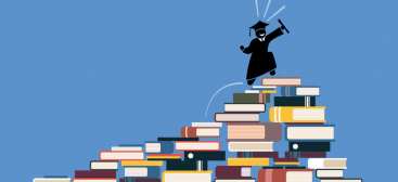 image vectorielle d'un diplômé montant sur une montagne de livres