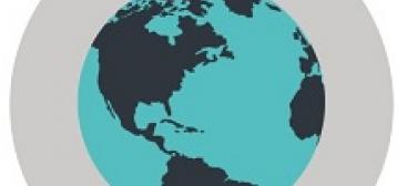 globe bleu clair avec les pays en noirs sur un fond rond et gris