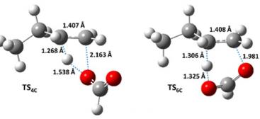 Four- (TS4C) and six-centered (TS6C) transition state structures for the decomposition of butyl formate obtained at the MP2/aug-cc-pVDZ level of theory.
