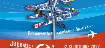 L'affiche sur fond bleu comporte des panneaux de direction indiquant les différents pays du monde avec pour chaque pays un trait caractéristique du pays. La partie basse de l'affiche, en rouge avec écriture blanche, indique le titre des Journées de la Mobilité Internationale, les dates du 12 et 13 octobre 2022 ainsi que le site internet dédié univ-orleans.fr/jmi