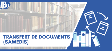 Texte Transfer de documents en fond une photo d'une étagère de bibliothèque