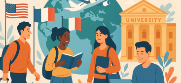 des étudiants avec des drapeaux, un avion, un globe terrestre et une université