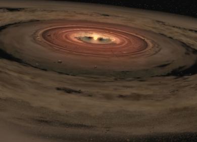 Vue d’artiste d’un disque d’accrétion protoplanétaire qui aurait été, au début de l’histoire du système solaire, le siège de la condensation des matériaux constitutifs de la Terre et des autres planètes. (Image NASA/JPL-Caltech)