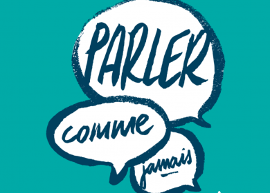 Logo du podcast "parler comme jamais", en 3 mots répartis chacun dans une bulle de BD