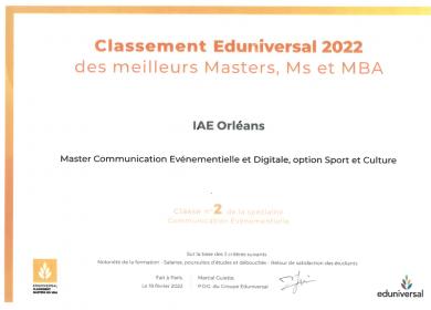 Diplôme 2eme au classement Eduniversail 2022