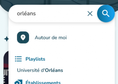 Capture d'écran de l'application Affluences. Recherche du terme "Orléans" dans la barre de recherche. Un des résultats est "Playlist - Université d'Orléans"