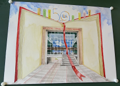 Dessin couleur de la verrière de l'UFR encadrée dans un livre rouge